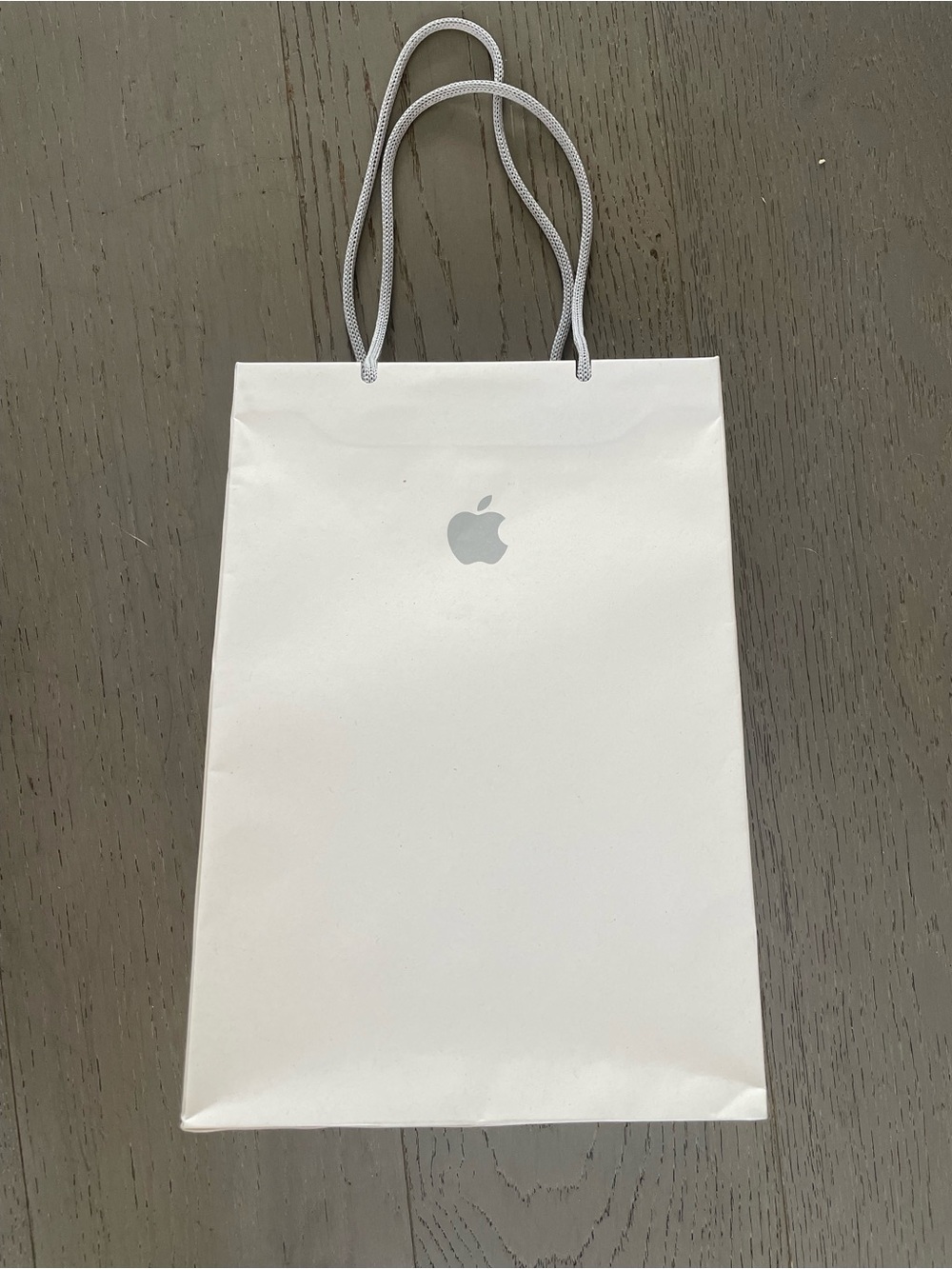 Apple White Paper Shopping Bag with Silver Logo, grey handles